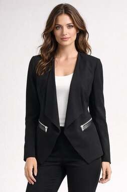 H&M Black Open Front Blazer with Faux Leather Zip Details Size 10